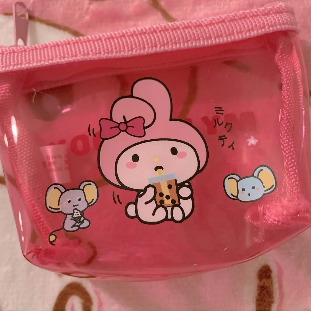 My Melody Drinking Boba Pink Clear Plastic Small Zip Coin Pouch NWT